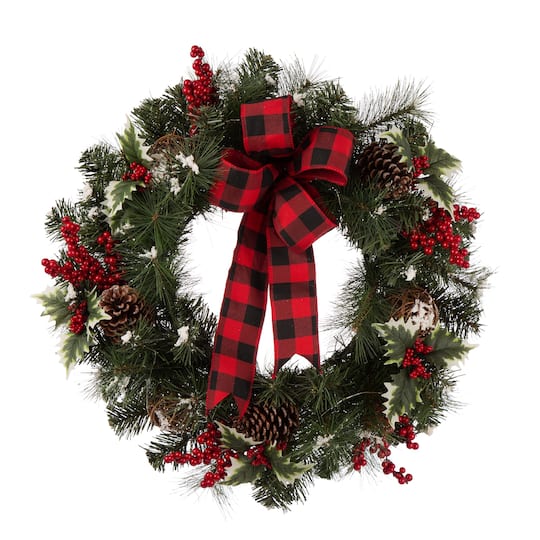 Glitzhome Led Pre-Lit Greenery Buffalo Bow Berry Holly Pine Cone Rattan Ornament Wreath - Multi